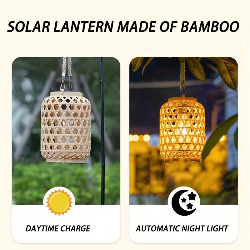 Solar Powered  Bamboo Imatation Rattan Lantern