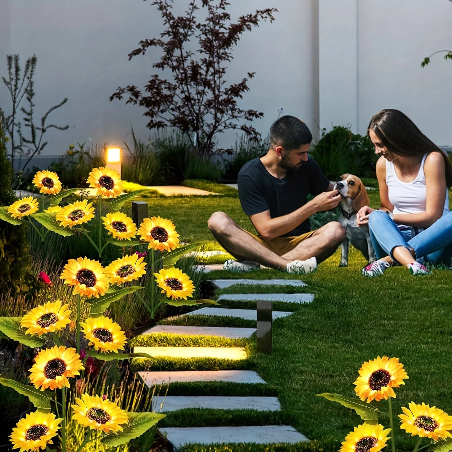 Blooming yellow sunflower LED and solar powered