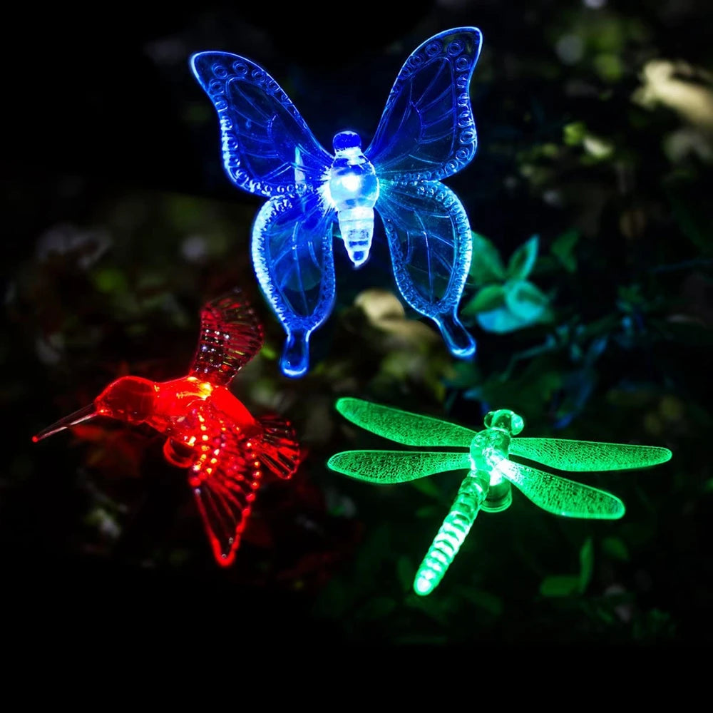 Set of Three Color Changing Solar Powered Dragonfly Hummingbird Butterfly lights