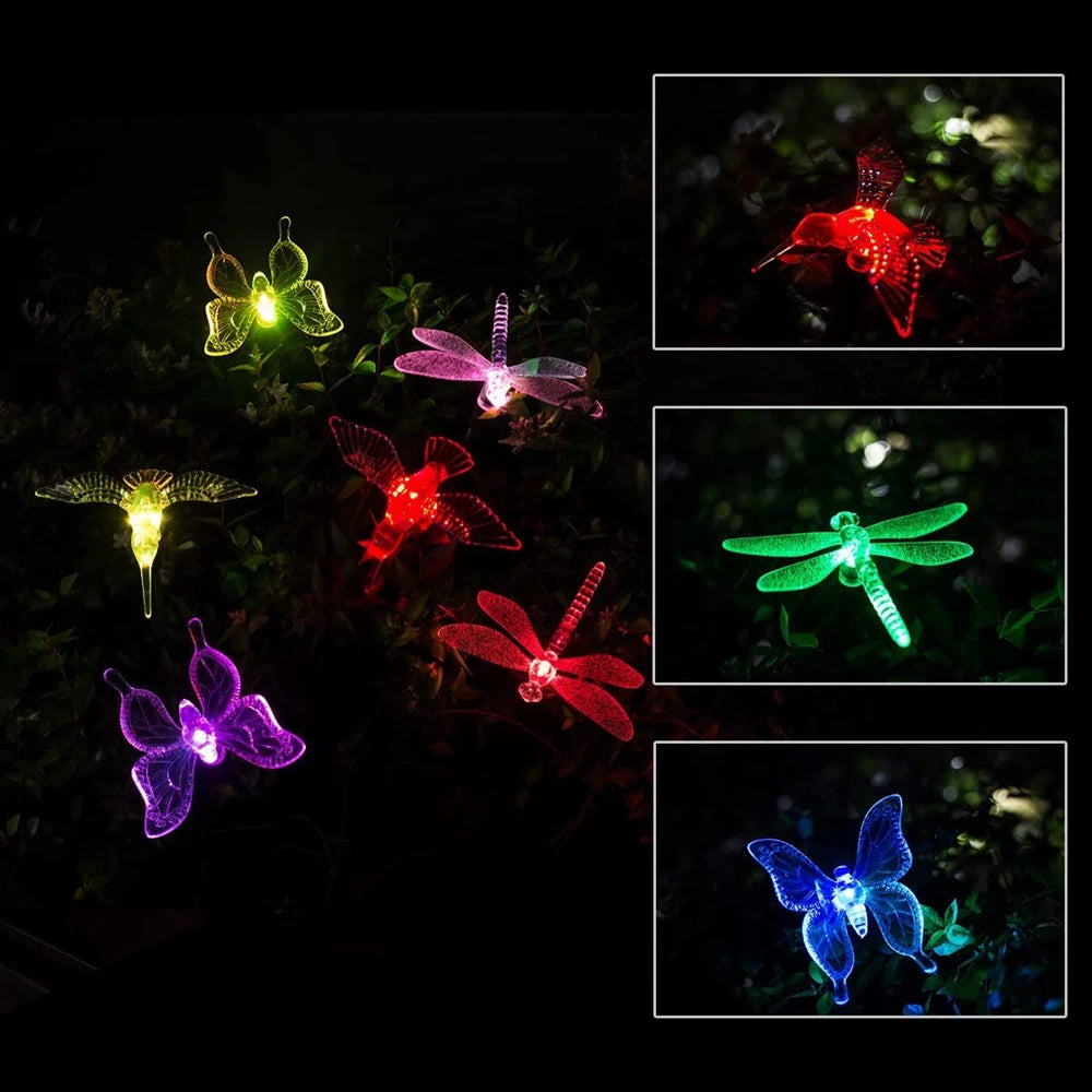 Set of Three Color Changing Solar Powered Dragonfly Hummingbird Butterfly lights