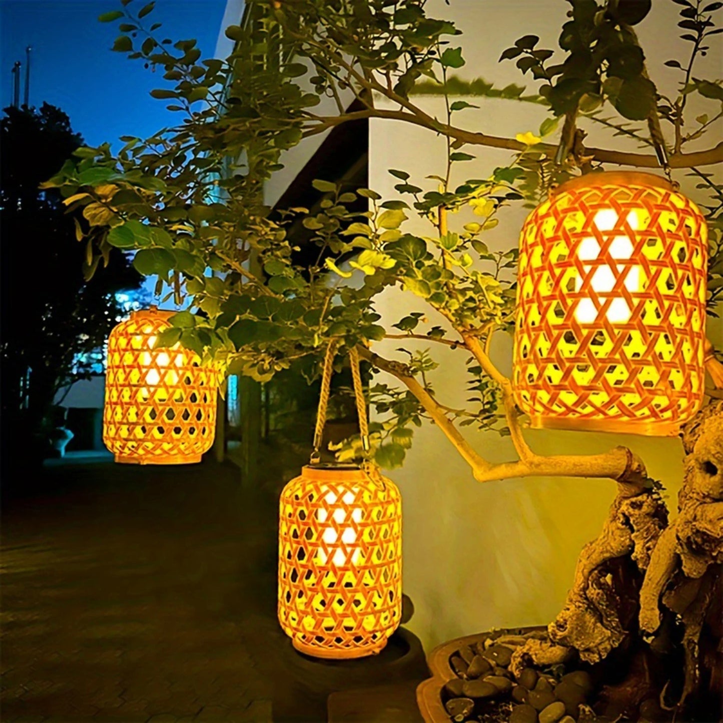 Solar Powered  Bamboo Imatation Rattan Lantern