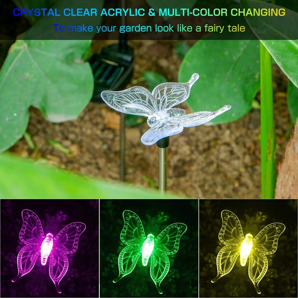 Set of Three Color Changing Solar Powered Dragonfly Hummingbird Butterfly lights